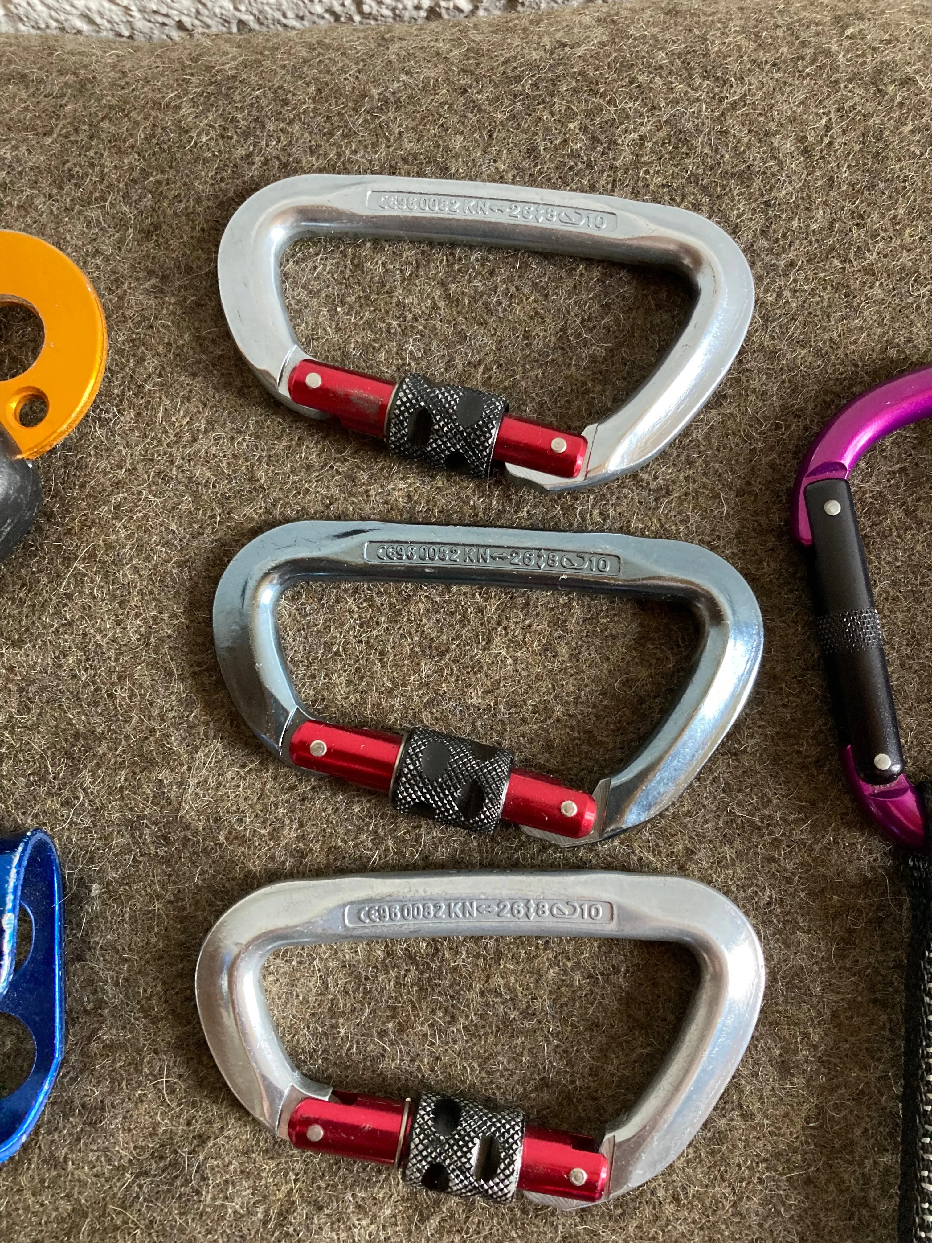 Accessories, Mountaineering, Selection of Harnesses, carabiners, and ascension devices (* This is sold as a complete assembly.)