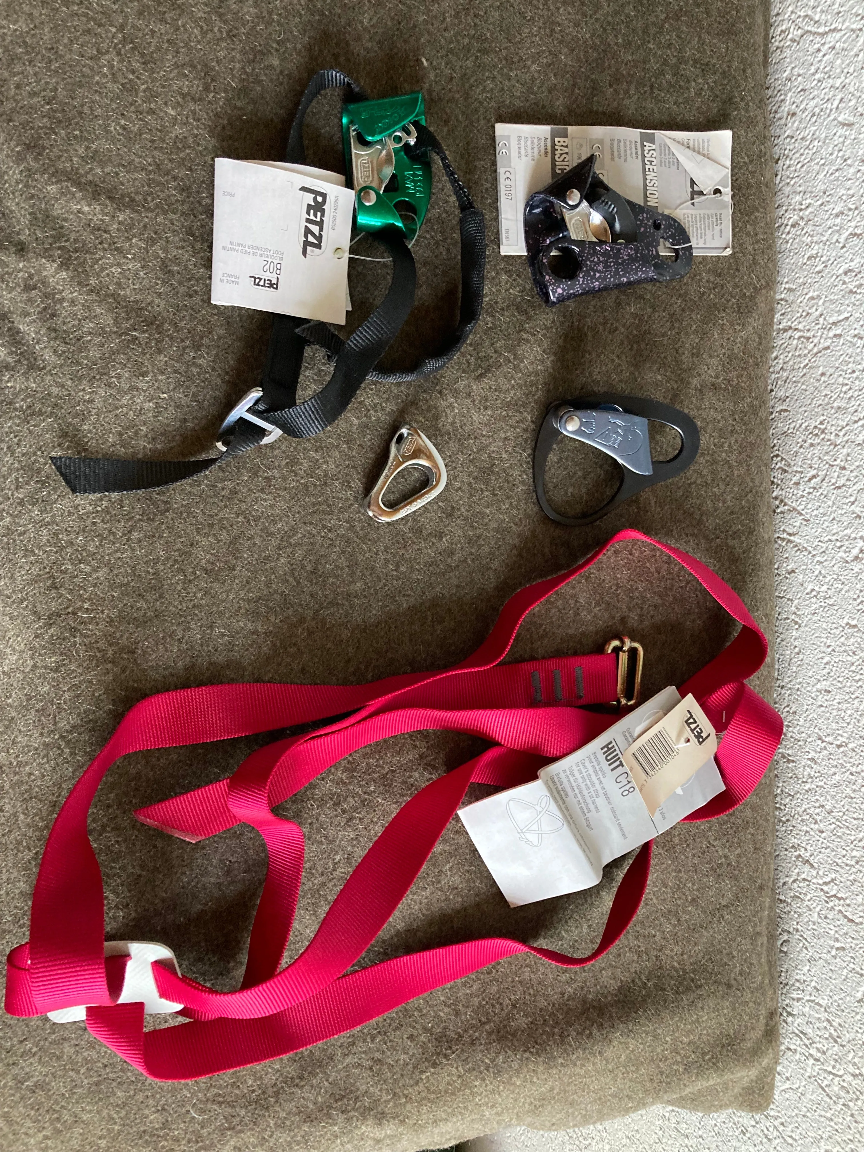 Accessories, Mountaineering, Selection of Harnesses, carabiners, and ascension devices (* This is sold as a complete assembly.)
