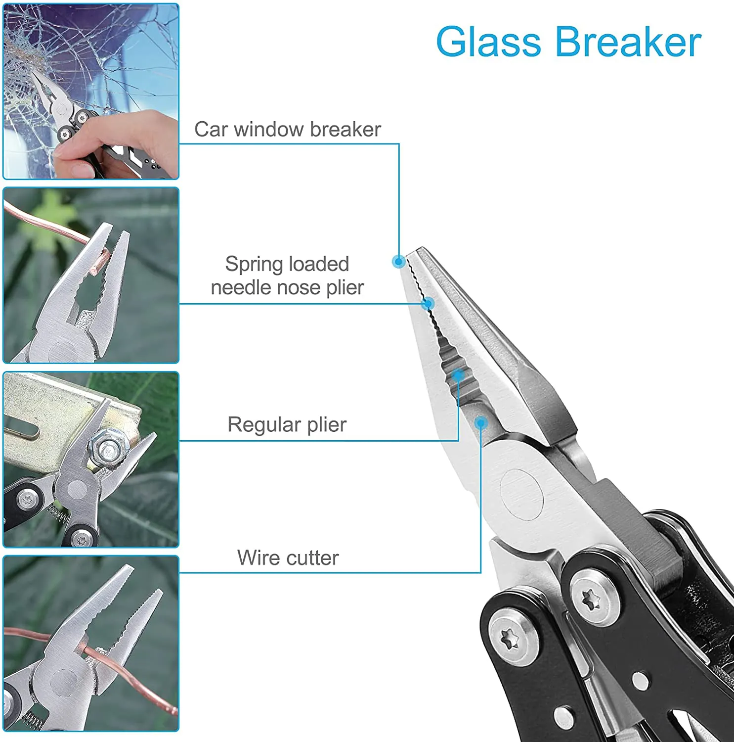 Bovgero 15-In-1 Mini Multitool Pliers with Keychain Glass Breaker, Premium Hard Stainless Steel Knives for Men, Portable Survival Fishing Camping Multi Tool Plier Knife, Black