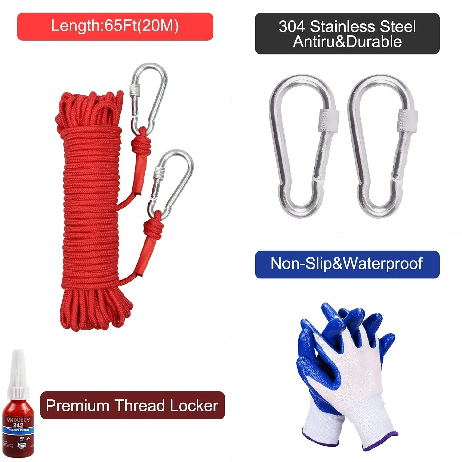Fishing Magnet Kit with Rope, Fishing Magnets 700 LBS Pulling, Heavy Duty 65FT Rope, Gloves & Locking Carabiner,Threadlocker and Waterproof Carry Case - 2.95Inch Diameter