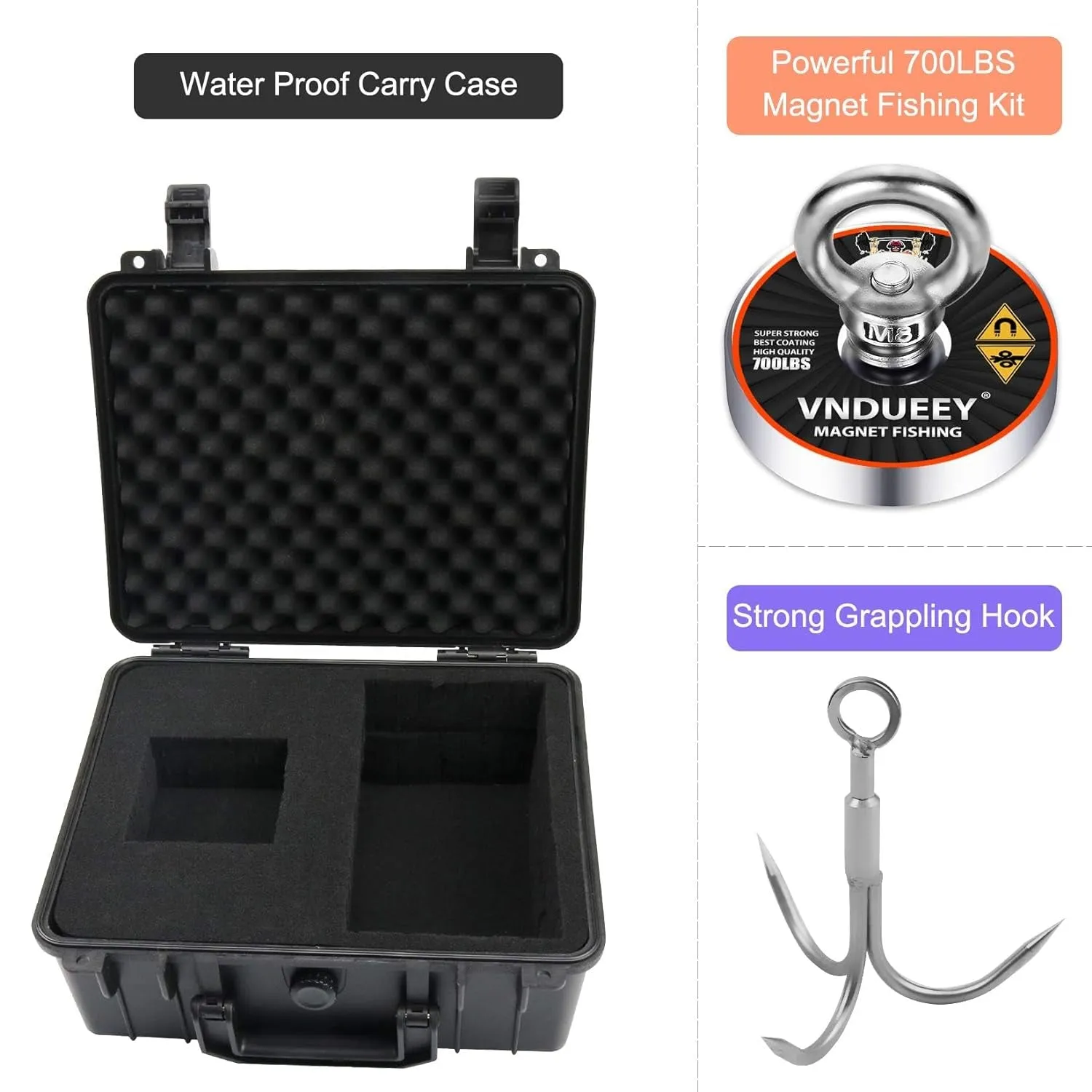 Fishing Magnet Kit with Rope, Fishing Magnets 700 LBS Pulling, Heavy Duty 65FT Rope, Gloves & Locking Carabiner,Threadlocker and Waterproof Carry Case - 2.95Inch Diameter