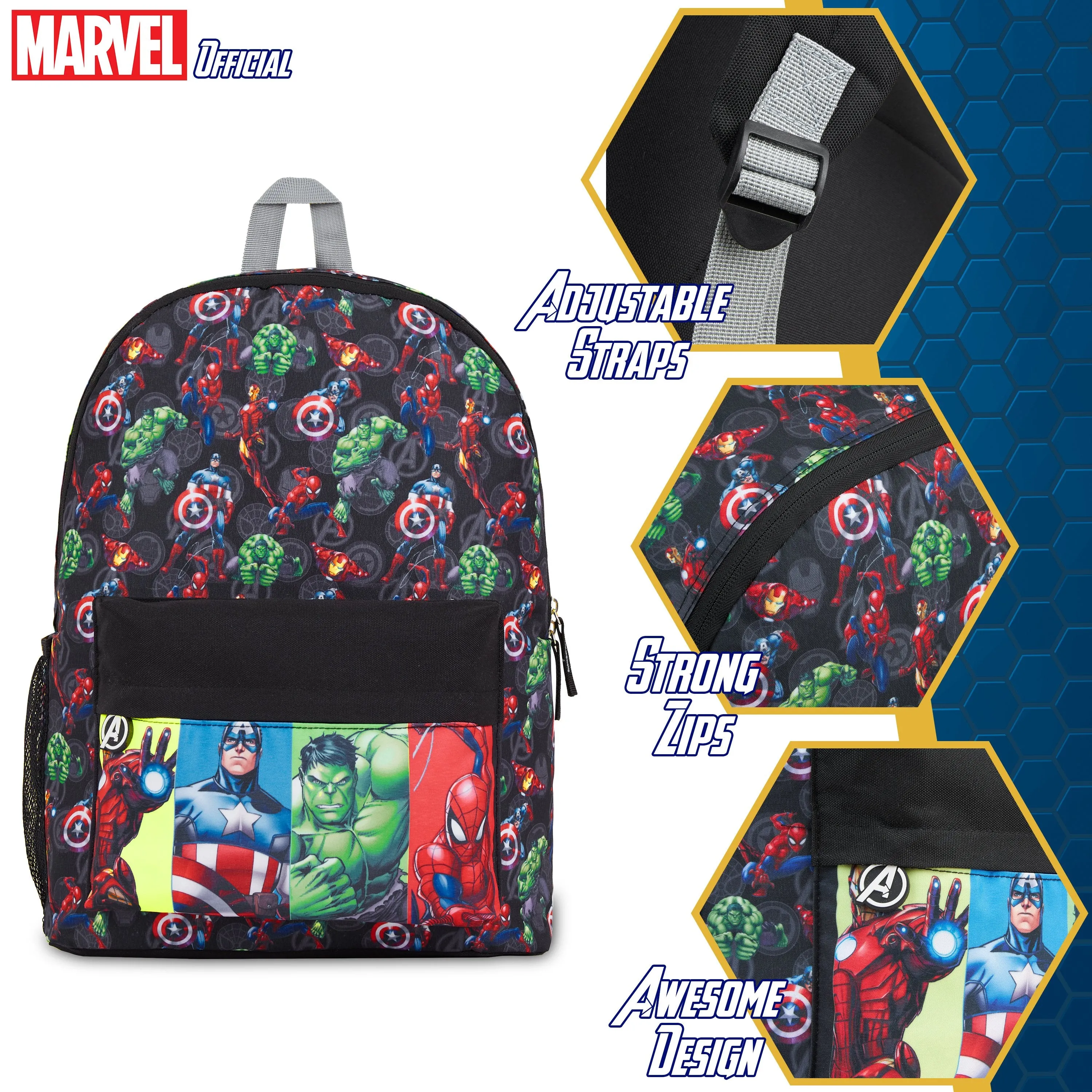 Marvel Kids Backpack, School Bag with Zipped Front Pocket - Avengers