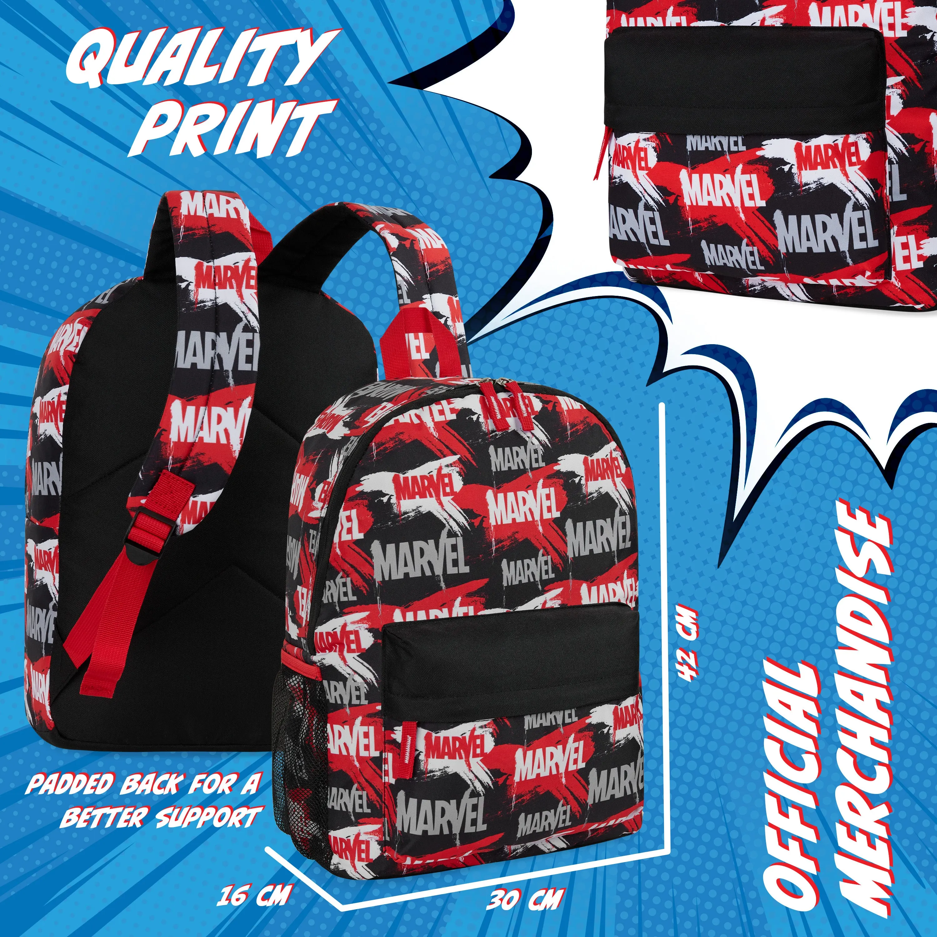 Marvel Kids Backpack, School Bag with Zipped Front Pocket - Red/Black