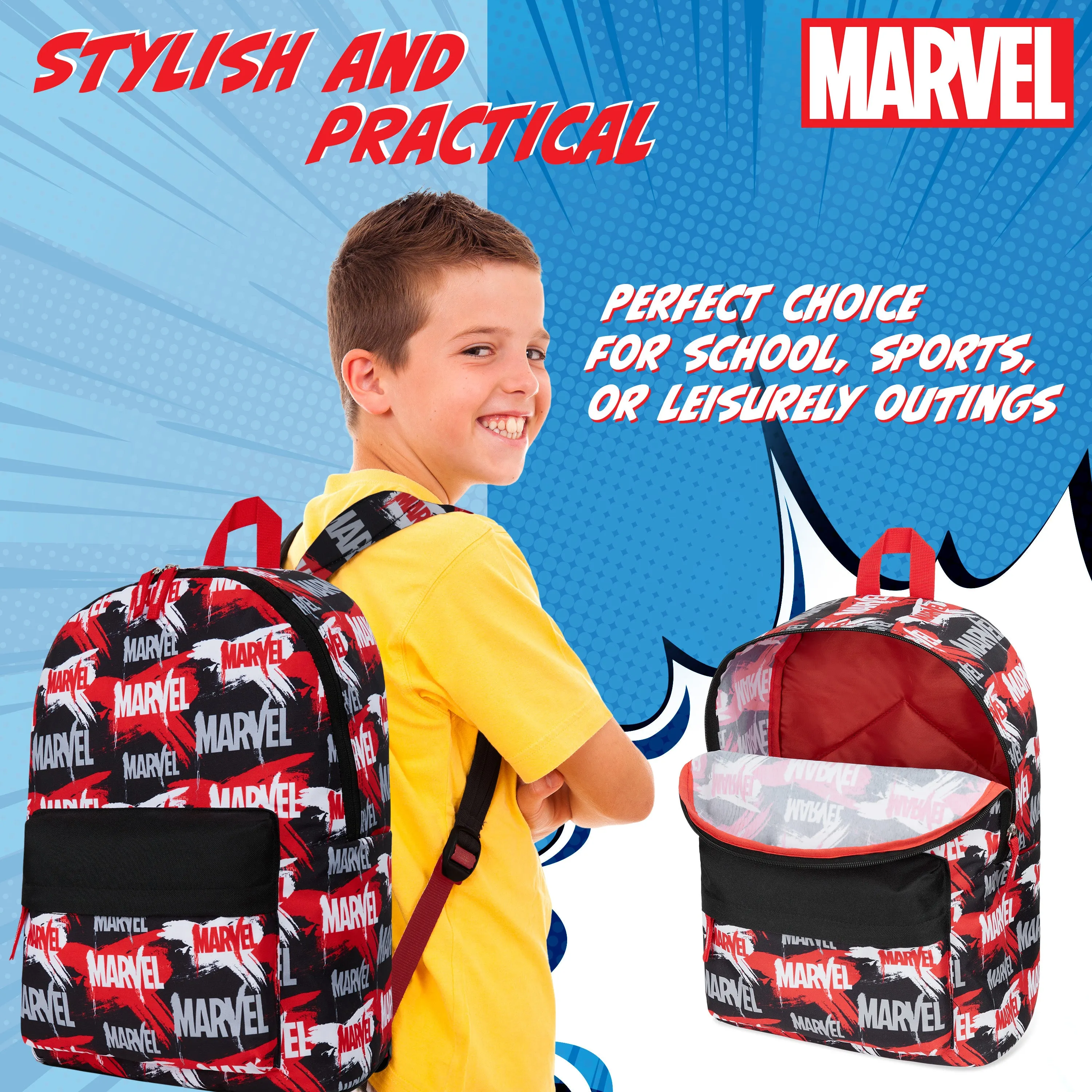 Marvel Kids Backpack, School Bag with Zipped Front Pocket - Red/Black